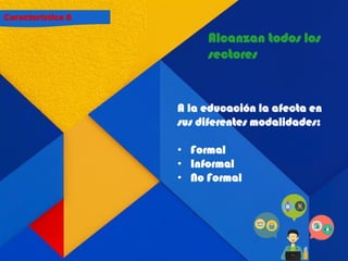 Característica 8
Alcanzan todos los
sectores
A la educación la afecta en
sus diferentes modalidades:
• Formal
• Informal
• No Formal