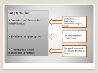 Long term Plan:
Ecological and Economical
Rehabilitation
 Livelihood support option
 Training on disaster
management practices
Shelter, House,
Agriculture,
Horticulture, Silvipas,
Cattle
Skill development,
resource use
Equipped community
to combat disaster in
future
30
 