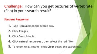 Challenge: How can you get pictures of vertebrate
(fish) in your search result?
Student Response:
1. Type Resources in the search box.
2. Click Images.
3. Click Search tools.
4. Click natural resources , then select the red filter.
5. To return to all results, click Clear below the search box.
 