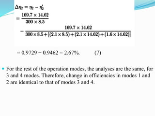 = 0.9729 − 0.9462 = 2.67%. (7)
 For the rest of the operation modes, the analyses are the same, for
3 and 4 modes. Therefore, change in efficiencies in modes 1 and
2 are identical to that of modes 3 and 4.
 