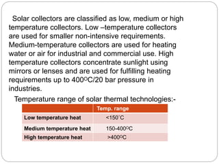 Solar collectors are classified as low, medium or high
temperature collectors. Low –temperature collectors
are used for smaller non-intensive requirements.
Medium-temperature collectors are used for heating
water or air for industrial and commercial use. High
temperature collectors concentrate sunlight using
mirrors or lenses and are used for fulfilling heating
requirements up to 400ᴼC/20 bar pressure in
industries.
Temperature range of solar thermal technologies:-
Temp. range
Low temperature heat <150˚C
Medium temperature heat 150-400ᴼC
High temperature heat >400ᴼC
 