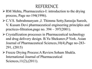 REFERENCE
 RM Mehta, Pharmaceutics-I: introduction to the drying
process, Page no-194(1996).
 C.V.S. Subrahmanyam ,J. Thimma Setty,Sarasija Suresh,
V. Kusum Devi pharmaceutical engineering principles and
practices-filtration,page no. 394 – 397(2001).
 Crystallization processes in Pharmaceutical technology
and drug delivery design. B.Yu Shekunov,P York. Asian
Journal of Pharmaceutical Sciences,10(4),Page no-283-
291, (2015)
 Freeze Drying Process:A Review.Soham Shukla.
International Journal of Pharmaceutical
Sciences,11(2),(2011).
 