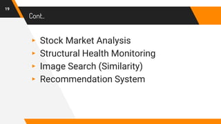 Cont..
▸ Stock Market Analysis
▸ Structural Health Monitoring
▸ Image Search (Similarity)
▸ Recommendation System
19
 
