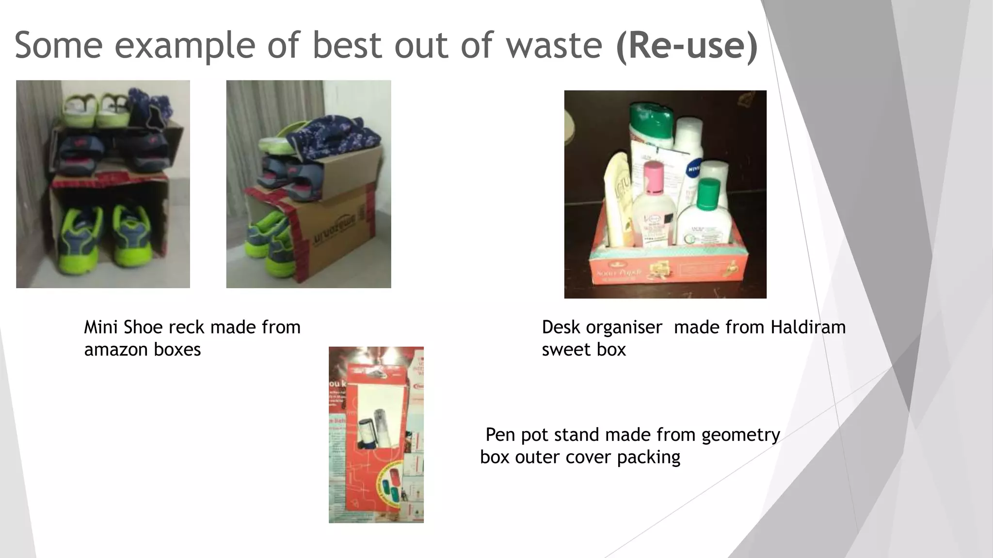 Some example of best out of waste (Re-use)
Mini Shoe reck made from
amazon boxes
Desk organiser made from Haldiram
sweet box
Pen pot stand made from geometry
box outer cover packing
 