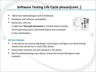 Software Testing Life Cycle phases[cont..]
 What test methodologies will be followed,
 Hardware and software availability,
 Resources, risks etc.
A high level Test plan document is created which includes
all the planning inputs mentioned above and circulated
to the stakeholders.
(3) Test Analysis
 In this phase we need to dig deeper into project and figure out what testing
needs to be carried out in each SDLC phase.
 Automation activities are also decided in this phase
 Non functional testing areas (Stress and performance testing) are also
analyzed
 