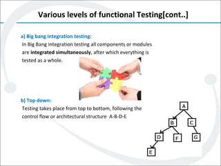 Various levels of functional Testing[cont..]
a) Big bang integration testing:
In Big Bang integration testing all components or modules
are integrated simultaneously, after which everything is
tested as a whole.
b) Top down:
Testing takes place from top to bottom, following the
control flow or architectural structure A-B-D-E
 