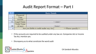 CA Sandesh Mundra
Audit Report Format – Part I
• If the accounts are required to be audited under any law viz. Companies Act or Income
Tax Act, mention yes.
• Discrepancy as to what constitute the word audit
 