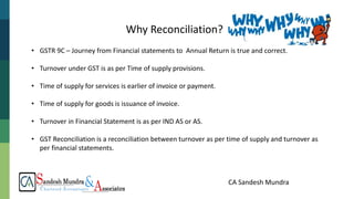 CA Sandesh Mundra
Why Reconciliation?
• GSTR 9C – Journey from Financial statements to Annual Return is true and correct.
• Turnover under GST is as per Time of supply provisions.
• Time of supply for services is earlier of invoice or payment.
• Time of supply for goods is issuance of invoice.
• Turnover in Financial Statement is as per IND AS or AS.
• GST Reconciliation is a reconciliation between turnover as per time of supply and turnover as
per financial statements.
 