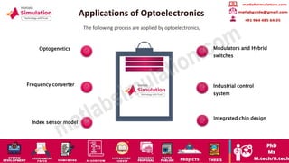 Applications of Optoelectronics
The following process are applied by optoelectronics,
Optogenetics
Frequency converter
Index sensor model
Modulators and Hybrid
switches
Industrial control
system
Integrated chip design