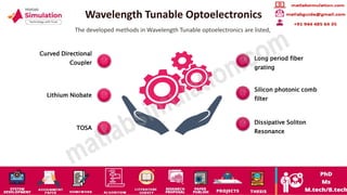 Wavelength Tunable Optoelectronics
The developed methods in Wavelength Tunable optoelectronics are listed,
Curved Directional
Coupler
Lithium Niobate
TOSA
Long period fiber
grating
Silicon photonic comb
filter
Dissipative Soliton
Resonance