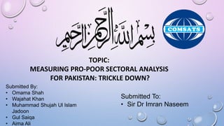 TOPIC:
MEASURING PRO-POOR SECTORAL ANALYSIS
FOR PAKISTAN: TRICKLE DOWN?
Submitted By:
• Omama Shah
• Wajahat Khan
• Muhammad Shujah Ul Islam
Jadoon
• Gul Saiqa
• Aima Ali
Submitted To:
• Sir Dr Imran Naseem
 