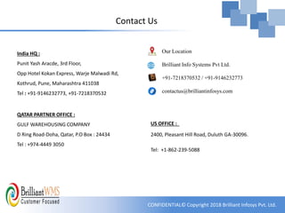 CONFIDENTIAL© Copyright 2018 Brilliant Infosys Pvt. Ltd.
Contact Us
India HQ :
Punit Yash Aracde, 3rd Floor,
Opp Hotel Kokan Express, Warje Malwadi Rd,
Kothrud, Pune, Maharashtra 411038
Tel : +91-9146232773, +91-7218370532
US OFFICE :
2400, Pleasant Hill Road, Duluth GA-30096.
Tel: +1-862-239-5088
Our Location
Brilliant Info Systems Pvt Ltd.
+91-7218370532 / +91-9146232773
contactus@brilliantinfosys.com
QATAR PARTNER OFFICE :
GULF WAREHOUSING COMPANY
D Ring Road-Doha, Qatar, P.O Box : 24434
Tel : +974-4449 3050
 