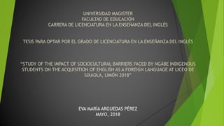 UNIVERSIDAD MAGISTER
FACULTAD DE EDUCACIÓN
CARRERA DE LICENCIATURA EN LA ENSEÑANZA DEL INGLÉS
TESIS PARA OPTAR POR EL GRADO DE LICENCIATURA EN LA ENSEÑANZA DEL INGLÉS
“STUDY OF THE IMPACT OF SOCIOCULTURAL BARRIERS FACED BY NGÄBE INDIGENOUS
STUDENTS ON THE ACQUISITION OF ENGLISH AS A FOREIGN LANGUAGE AT LICEO DE
SIXAOLA, LIMÓN 2018”
EVA MARÍA ARGUEDAS PÉREZ
MAYO, 2018
 