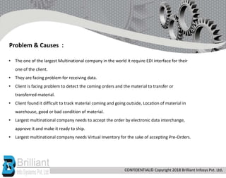 • The one of the largest Multinational company in the world it require EDI interface for their
one of the client.
• They are facing problem for receiving data.
• Client is facing problem to detect the coming orders and the material to transfer or
transferred material.
• Client found it difficult to track material coming and going outside, Location of material in
warehouse, good or bad condition of material.
• Largest multinational company needs to accept the order by electronic data interchange,
approve it and make it ready to ship.
• Largest multinational company needs Virtual Inventory for the sake of accepting Pre-Orders.
Problem & Causes :
CONFIDENTIAL© Copyright 2018 Brilliant Infosys Pvt. Ltd.
 