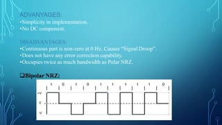 ADVANYAGES:
•Simplicity in implementation.
•No DC component.
DISADVANTAGES:
•Continuous part is non-zero at 0 Hz. Causes “Signal Droop”.
•Does not have any error correction capability.
•Occupies twice as much bandwidth as Polar NRZ.
Bipolar NRZ:
 
