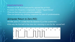 DISADVANTAGES:
•Presence of DC level (indicated by spectral line at 0 Hz).
•Contains low frequency components. Causes “Signal Droop”
•Does not have any error correction capability.
•Does not posses any clocking component for ease of synchronisation.
Unipolar Return to Zero (RZ):
•MARK pulse (Ƭ ) is less than the duration (To) of the symbolslot.
•Fills only the first half of the time slot, returning to zero for the second half.
 