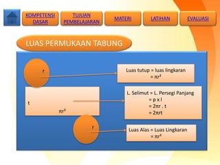 Luas tutup = luas lingkaran
= πr²
L. Selimut = L. Persegi Panjang
= p x l
= 2πr . t
= 2πrt
Luas Alas = Luas Lingkaran
= πr²
LUAS PERMUKAAN TABUNG
TUJUAN
PEMBELAJARAN
KOMPETENSI
DASAR
MATERI LATIHAN EVALUASI
πr²
t
r
r
 