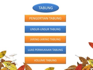 TABUNG
PENGERTIAN TABUNG
JARING-JARING TABUNG
LUAS PERMUKAAN TABUNG
UNSUR-UNSUR TABUNG
VOLUME TABUNG
 