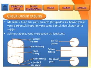 • Memiliki 2 buah sisi, yaitu sisi atas (tutup) dan sisi bawah (alas)
yang berbentuk lingkaran yang sama bentuk dan ukuran serta
sejajar.
• Selimut tabung, yang merupakan sisi lengkung.
r (jari-jari)
sisi atas
r (jari-jari)
sisi bawah
Tinggi
tabung
Sisi atas
(tutup)
Selimut
tabung
Sisi bawah
(alas)
UNSUR-UNSUR TABUNG
TUJUAN
PEMBELAJARAN
KOMPETENSI
DASAR
MATERI LATIHAN EVALUASI
Rusuk tabung
Rusuk tabung
 