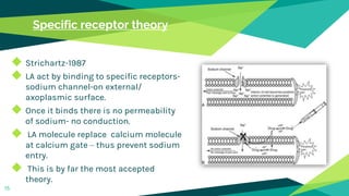 Specific receptor theory
◆ Strichartz-1987
◆ LA act by binding to specific receptors-
sodium channel-on external/
axoplasmic surface.
◆ Once it binds there is no permeability
of sodium- no conduction.
◆ LA molecule replace calcium molecule
at calcium gate – thus prevent sodium
entry.
◆ This is by far the most accepted
theory.
15
 