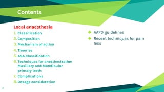 Contents
Local anaesthesia
1. Classification
2. Composition
3. Mechanism of action
4. Theories
5. ASA Classification
6. Techniques for anesthesization
Maxillary and Mandibular
primary teeth
7. Complications
8.Dosage consideration
2
◆ AAPD guidelines
◆ Recent techniques for pain
less
 