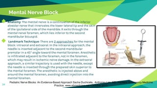 Mental Nerve Block
◆ Anatomy: The mental nerve is a continuation of the inferior
alveolar nerve that innervates the lower lateral lip and the skin
of the ipsilateral side of the mandible. It exits through the
mental nerve foramen, which lies inferior to the second
mandibular bicuspid.
◆ Landmark Technique: There are 2 approaches for the mental
block: intraoral and extraoral. In the intraoral approach, the
needle is inserted adjacent to the second mandibular
premolar in a 45° angle toward the mental foramen. Anesthetic
is infiltrated adjacent to the foramen, not in the foramen,
which may result in ischemic nerve damage. In the extraoral
approach, a similar trajectory is used with the needle, except
the needle is inserted through the prepared skin superior to
the mental foramen. The anesthetic is injected above and
around the mental foramen, avoiding direct injection into the
mental foramen.
34
Pediatric Nerve Blocks: An Evidence-Based Approach Sacha Duchicela,. Anthoney Lim, MD: Pediatric Emergency Medicine
Practice, www.ebmedicine.net • October 2013.
 