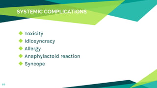SYSTEMIC COMPLICATIONS
◆ Toxicity
◆ Idiosyncracy
◆ Allergy
◆ Anaphylactoid reaction
◆ Syncope
69
 
