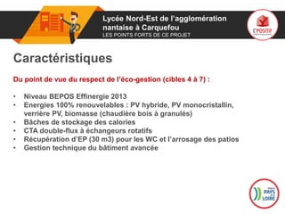 01 Lycée Nord-Est de l’agglomération
nantaise à Carquefou
LES POINTS FORTS DE CE PROJET
Caractéristiques
Du point de vue du respect de l’éco-gestion (cibles 4 à 7) :
• Niveau BEPOS Effinergie 2013
• Energies 100% renouvelables : PV hybride, PV monocristallin,
verrière PV, biomasse (chaudière bois à granulés)
• Bâches de stockage des calories
• CTA double-flux à échangeurs rotatifs
• Récupération d’EP (30 m3) pour les WC et l’arrosage des patios
• Gestion technique du bâtiment avancée
Logo
porteur
de projet
 