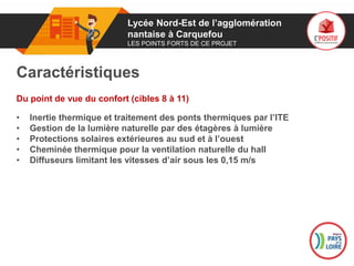 01
Caractéristiques
Du point de vue du confort (cibles 8 à 11)
• Inertie thermique et traitement des ponts thermiques par l’ITE
• Gestion de la lumière naturelle par des étagères à lumière
• Protections solaires extérieures au sud et à l’ouest
• Cheminée thermique pour la ventilation naturelle du hall
• Diffuseurs limitant les vitesses d’air sous les 0,15 m/s
Logo
porteur
de projet
Lycée Nord-Est de l’agglomération
nantaise à Carquefou
LES POINTS FORTS DE CE PROJET
 