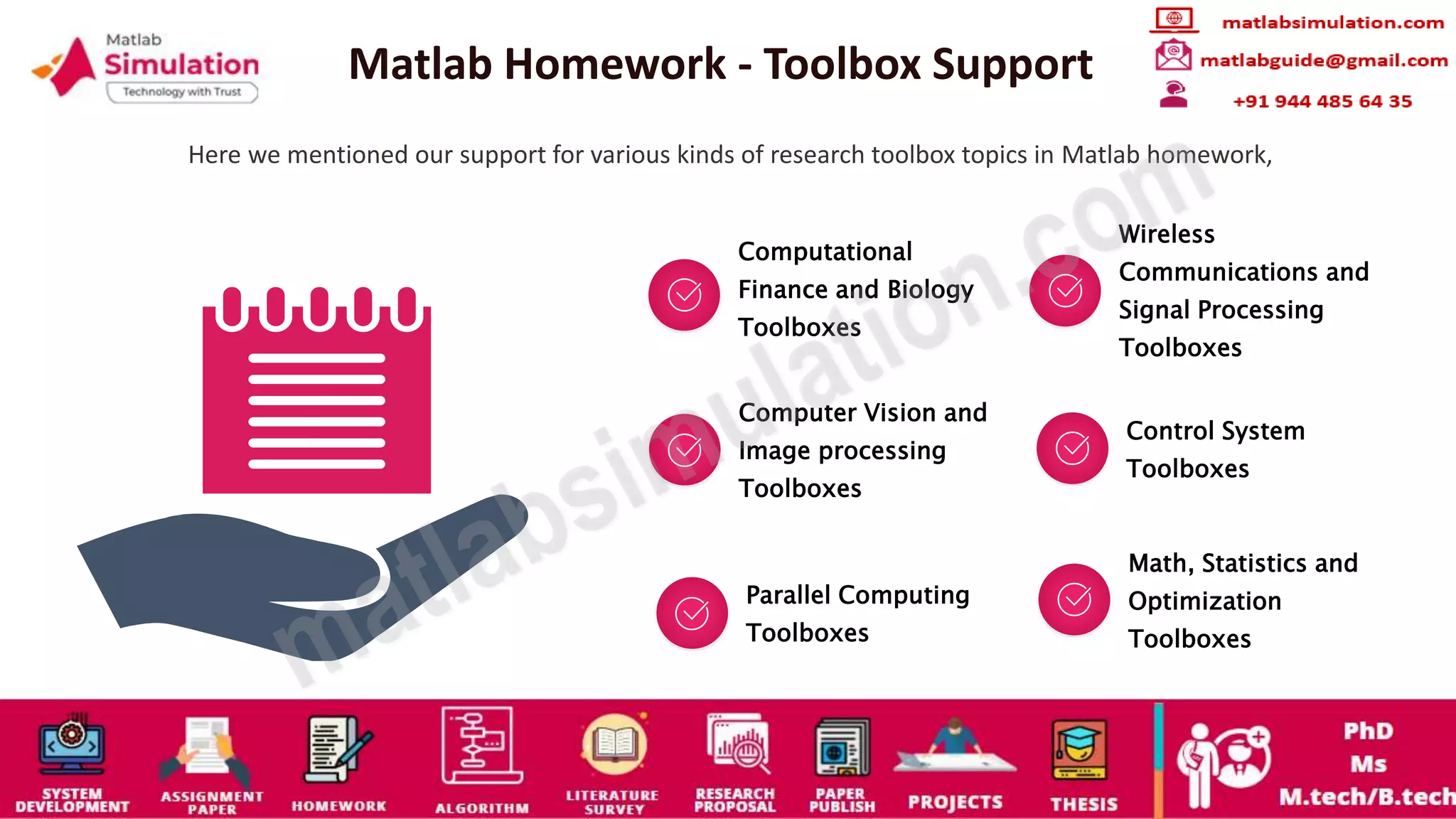 Matlab Homework - Toolbox Support
Here we mentioned our support for various kinds of research toolbox topics in Matlab homework,
Computational
Finance and Biology
Toolboxes
Wireless
Communications and
Signal Processing
Toolboxes
Computer Vision and
Image processing
Toolboxes
Control System
Toolboxes
Parallel Computing
Toolboxes
Math, Statistics and
Optimization
Toolboxes