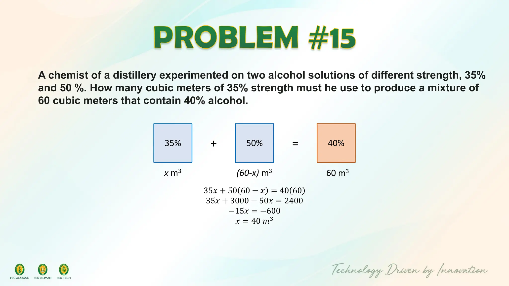 A chemist of a distillery experimented on two alcohol solutions of different strength, 35%
and 50 %. How many cubic meters of 35% strength must he use to produce a mixture of
60 cubic meters that contain 40% alcohol.
40%
50%
35% + =
60 m3
x m3 (60-x) m3
35𝑥 + 50 60 − 𝑥 = 40 60
35𝑥 + 3000 − 50𝑥 = 2400
−15𝑥 = −600
𝑥 = 40 𝑚3
 