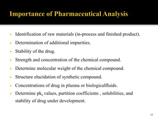  Identification of raw materials (in-process and finished product).
 Determination of additional impurities.
 Stability of the drug.
 Strength and concentration of the chemical compound.
 Determine molecular weight of the chemical compound.
 Structure elucidation of synthetic compound.
 Concentrations of drug in plasma or biologicalfluids.
 Determine pka values, partition coefficients , solubilities, and
stability of drug under development.
19
 