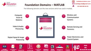 Foundation Domains – MATLAB
The following domains are the new versions which we used in matlab,
Computer
Vision &
Robotics
Video & Audio
Processing
Digital Signal & Image
Processing
Wireless and
Communication
Systems
Remote Sensing and
Forensics
Power Electronics and
Control System