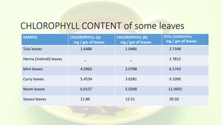 CHLOROPHYLL CONTENT of some leaves
SAMPLE CHLOROPHYLL (a)
mg / gm of leaves
CHLOROPHYLL (b)
mg / gm of leaves
TOTAL CHLOROPHYLL
mg / gm of leaves
Tulsi leaves 1.6486 1.0466 2.7348
Henna (mehndi) leaves _ _ 2.7812
Mint leaves 4.0965 2.0788 6.1743
Curry leaves 5.4534 3.6581 9.1090
Neem leaves 6.0157 5.0268 11.0692
Vasaca leaves 11.86 12.51 20.50
 
