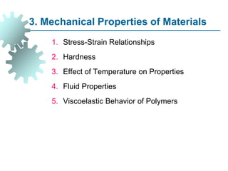 ©2007 John Wiley & Sons, Inc. M P Groover, Fundamentals of Modern Manufacturing 3/e
3. Mechanical Properties of Materials
1. Stress-Strain Relationships
2. Hardness
3. Effect of Temperature on Properties
4. Fluid Properties
5. Viscoelastic Behavior of Polymers
 