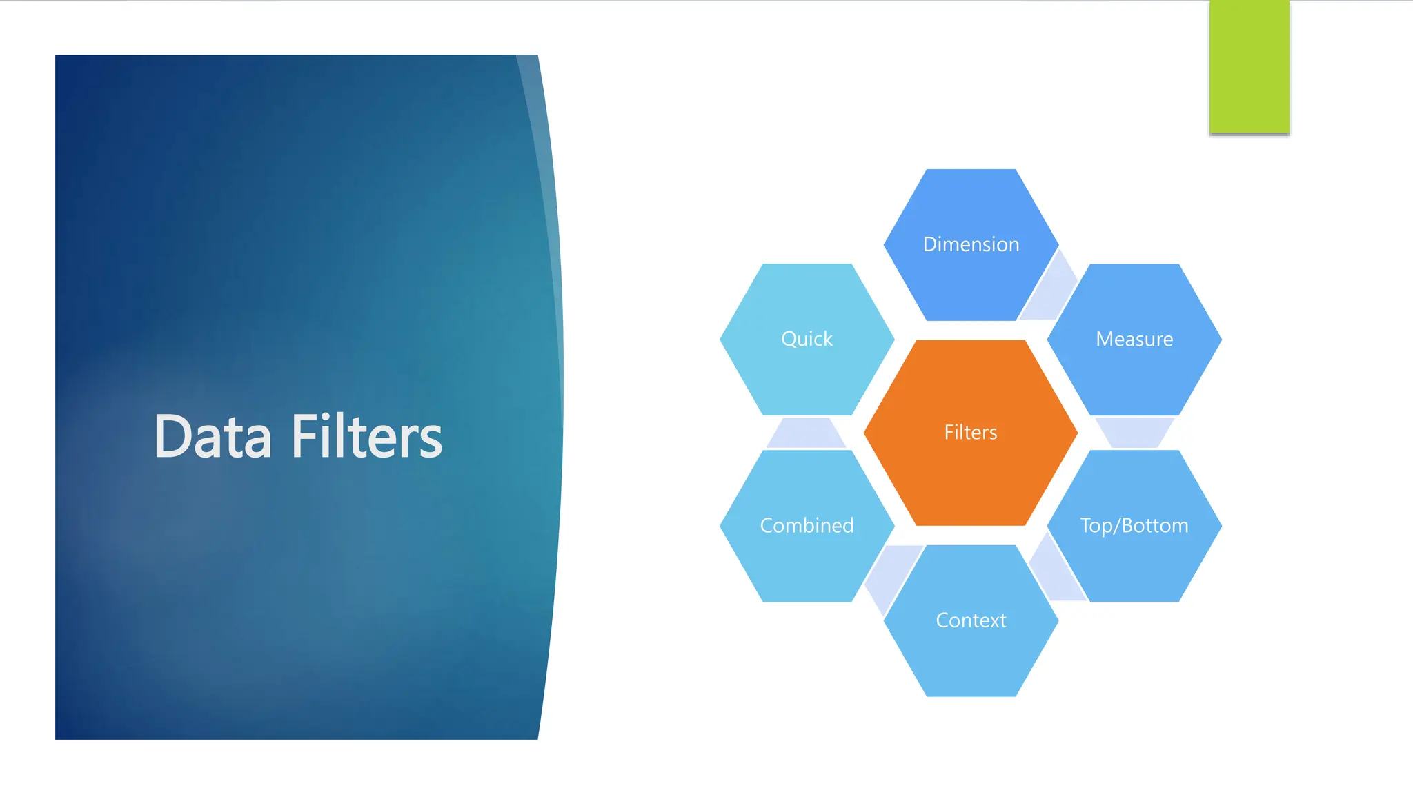 Data Filters Filters
Dimension
Measure
Top/Bottom
Context
Combined
Quick
 