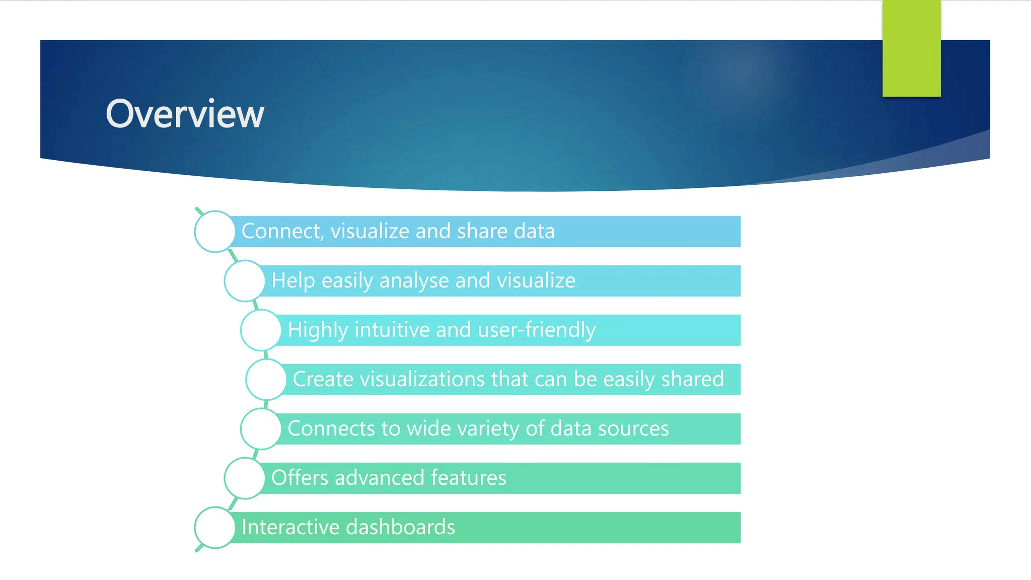 Overview
Connect, visualize and share data
Help easily analyse and visualize
Highly intuitive and user-friendly
Create visualizations that can be easily shared
Connects to wide variety of data sources
Offers advanced features
Interactive dashboards
 
