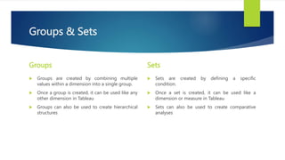 Groups & Sets
Groups
 Groups are created by combining multiple
values within a dimension into a single group.
 Once a group is created, it can be used like any
other dimension in Tableau
 Groups can also be used to create hierarchical
structures
Sets
 Sets are created by defining a specific
condition.
 Once a set is created, it can be used like a
dimension or measure in Tableau
 Sets can also be used to create comparative
analyses
 