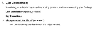4. Data Visualization:
Visualizing your data is key to understanding patterns and communicating your findings.
Core Libraries: Matplotlib, Seaborn
Key Operations:
➢ Histograms and Box Plots (Operation 1) -
For understanding the distribution of a single variable.
 