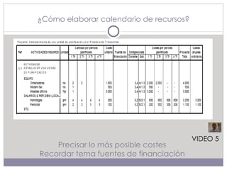 ¿Cómo elaborar calendario de recursos? Precisar lo más posible costes Recordar tema fuentes de financiación VIDEO 5 
