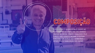 COMPOSIÇÃO
O ROCK IN RIO É UM IMPORTANTE EVENTO NO
PLANEJAMENTO DE MARKETING DAS GRANDES
MARCAS NO BRASIL. CRIADO E REALIZADO PELO
PUBLICITÁRIO ROBERTO MEDINA, O FESTIVAL
FUNCIONA COM AUXÍLIO DOS PATROCÍNIOS E
APOIOS PARA A VIABILIZAÇÃO DOS SHOWS.
 