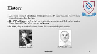 History
o American chemist Stephanie Kwolek invented 1st Para-Aramid Fiber which
was after named as Kevlar.
o Dr. Wilfred Sweeny a Scottish born scientist was responsible for discovering
Meta-Aramid Fiber after named as Nomex.
o In 1960, they were firslty introduced for commercial applications.
ARAMID FIBERS 3
Dr. Wilfred SweenyStephanie Kwolek
 