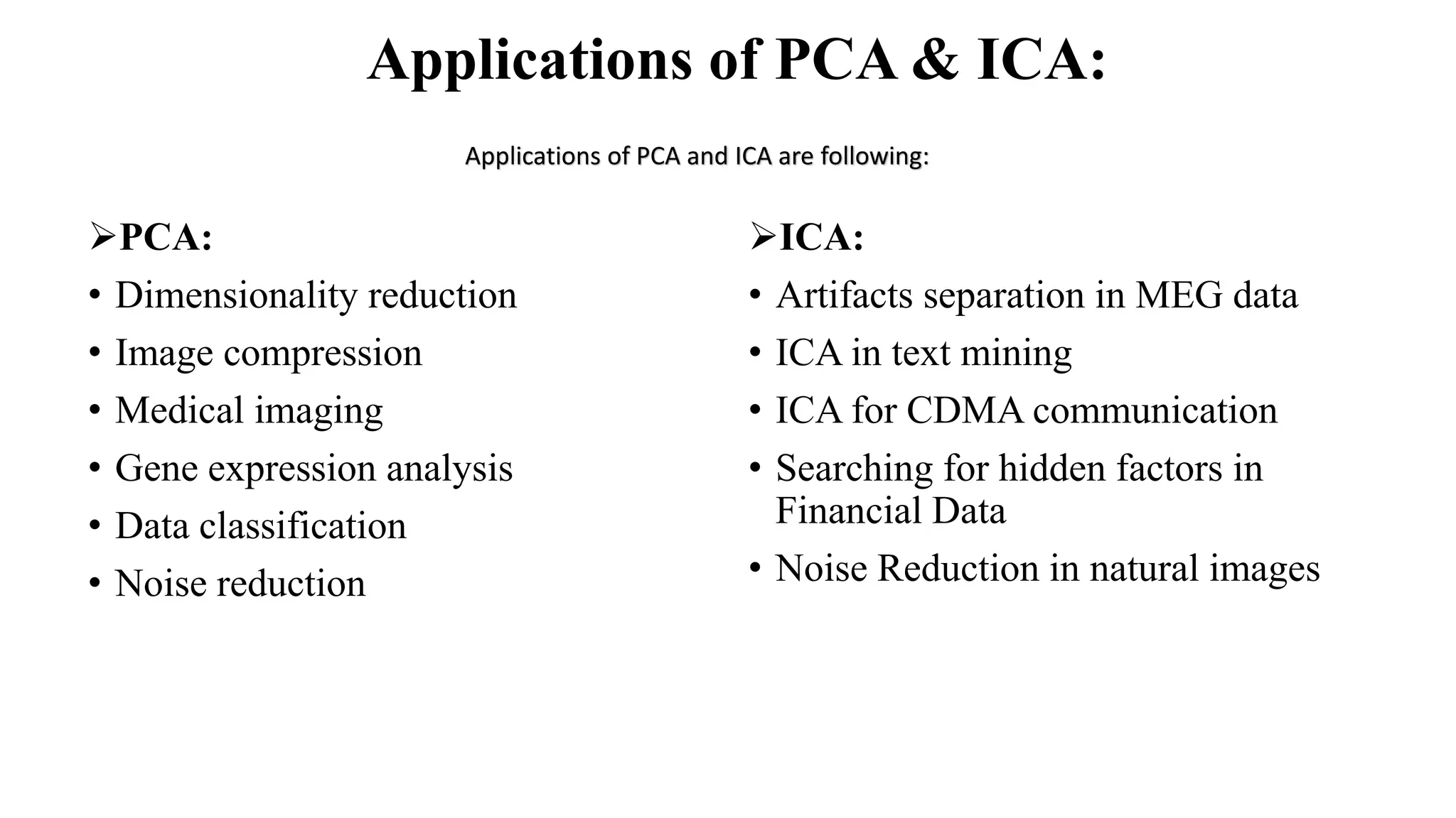 Applications of PCA & ICA: PCA: • Dimensionality reduction • Image compression • Medical imaging • Gene expression analysis • Data classification • Noise reduction ICA: • Artifacts separation in MEG data • ICA in text mining • ICA for CDMA communication • Searching for hidden factors in Financial Data • Noise Reduction in natural images Applications of PCA and ICA are following: 