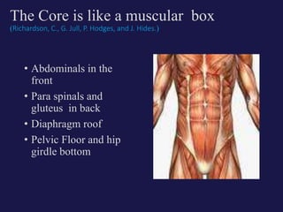 The Core is like a muscular box
(Richardson, C., G. Jull, P. Hodges, and J. Hides.)
• Abdominals in the
front
• Para spinals and
gluteus in back
• Diaphragm roof
• Pelvic Floor and hip
girdle bottom
 