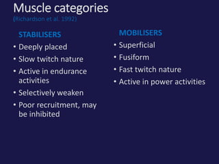 Muscle categories
(Richardson et al. 1992)
STABILISERS
• Deeply placed
• Slow twitch nature
• Active in endurance
activities
• Selectively weaken
• Poor recruitment, may
be inhibited
MOBILISERS
• Superficial
• Fusiform
• Fast twitch nature
• Active in power activities
 