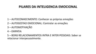 PILARES DA INTELIGENCIA EMOCIONAL
1 – AUTOCONHECIMENTO: Conhecer as próprias emoções
2 – AUTOGESTAO EMOCIONAL: Controlar as emoções
3 – AUTOMOTIVAÇÃO
4 – EMPATIA
5 – BONS RELACIONAMENTOS INTRA E INTER PESSOAIS: Saber se
relacionar interpessoalmente.
 