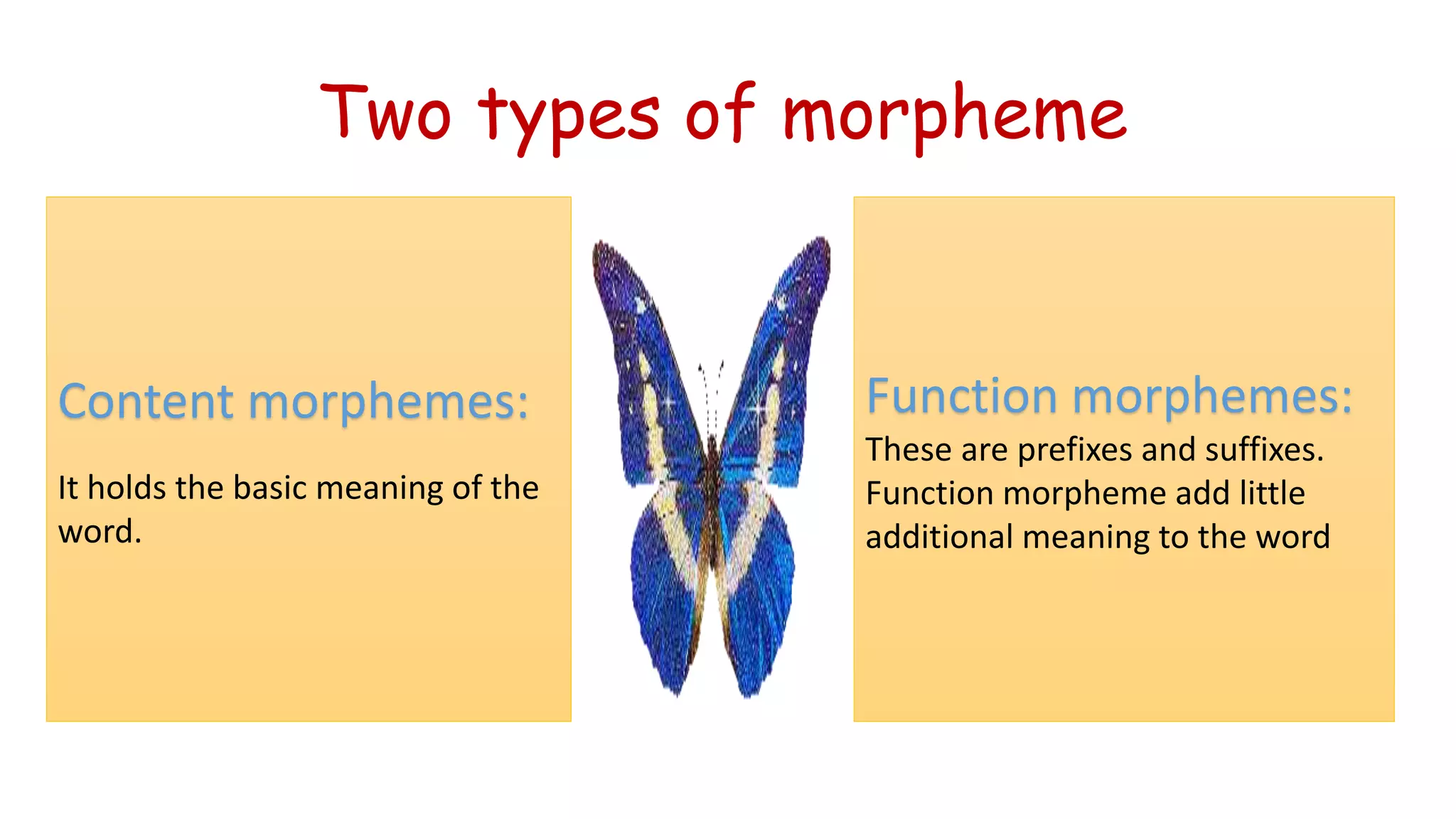 Two types of morpheme
Content morphemes:
It holds the basic meaning of the
word.
Function morphemes:
These are prefixes and suffixes.
Function morpheme add little
additional meaning to the word
 