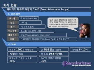 회사 현황
 캐나다의 대규모 여행사 G.A.P (Great Adventures People)

 1. 기본정보
  회사명       G.A.P Adventures
                                       집과 같은 편안함을 원한다면
   설립       1990년                      그냥 집에 있으시길 바랍니다.
                                       (If you'd like all the comforts of home,
   본사       캐나다 토론토                    we suggest you stay home.)

 주요상품       소그룹 어드벤처 여행
 홈페이지       http://www.gapadventures.com
   CEO      스페읶출싞 캐나다이민자 Poon Tip이 설립자겸 CEO                                        Poon Tip

  2. 규모

  젂세계     1200개 여행상품           연   9만5천명 여행객                            이익률       6~10%
  700명의 직원                     연 수익   1억4천5백$
  여행시장 연평균 성장률                 GAP의 연평균 성장률
  20%                          30%
 
