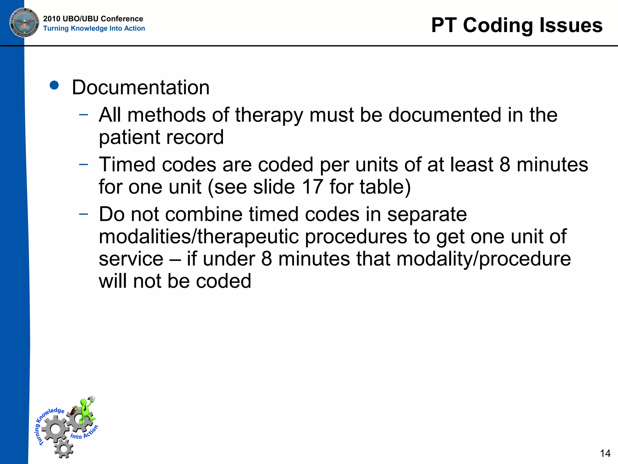 2010 UBO/UBU Conference
Turning Knowledge Into Action



PT Coding Issues

Documentation
– All methods of therapy must be documented in the
patient record
– Timed codes are coded per units of at least 8 minutes
for one unit (see slide 17 for table)
– Do not combine timed codes in separate
modalities/therapeutic procedures to get one unit of
service – if under 8 minutes that modality/procedure
will not be coded

14

 