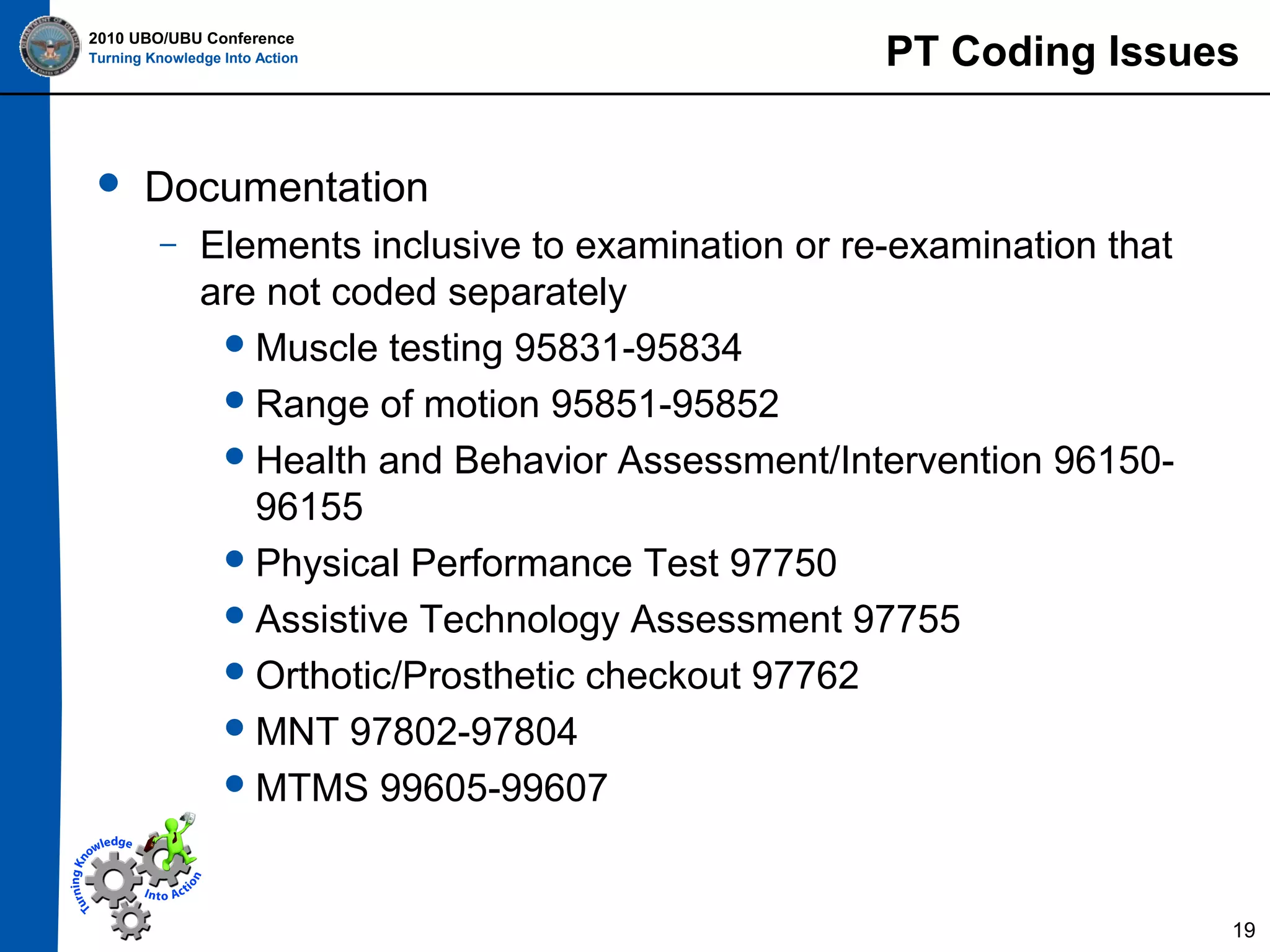 2010 UBO/UBU Conference
Turning Knowledge Into Action



PT Coding Issues

Documentation
–

Elements inclusive to examination or re-examination that
are not coded separately
 Muscle testing 95831-95834
 Range of motion 95851-95852
 Health and Behavior Assessment/Intervention 9615096155
 Physical Performance Test 97750
 Assistive Technology Assessment 97755
 Orthotic/Prosthetic checkout 97762
 MNT 97802-97804
 MTMS 99605-99607

19

 